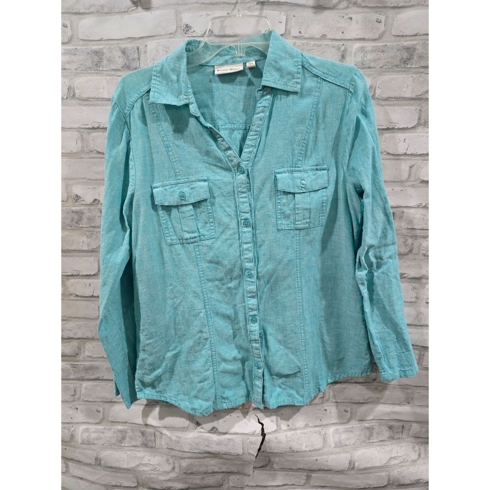 Women L Linen Cotton Button Up Shirt Roll Tab Sleeve Aqua Blue Tunic